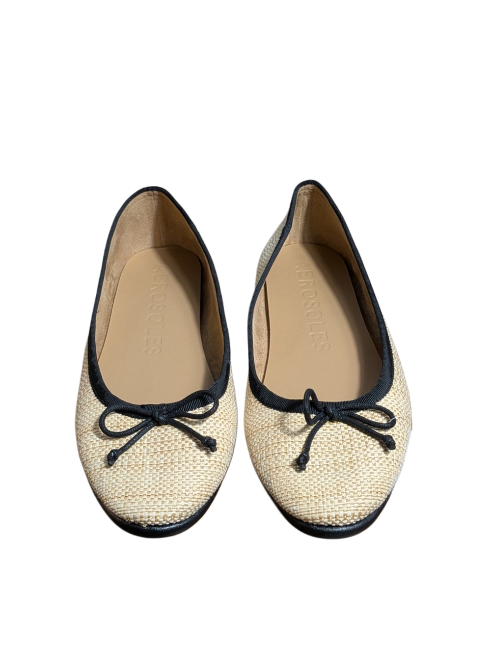 Aerosoles Womens 10W Wide Natural Beige Woven Ballet Flats Black Bow Slip On NWO